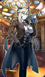 Rule 34 | 1girl, alternate costume, artoria pendragon (fate), artoria pendragon (lancer alter) (fate), artoria pendragon (lancer alter) (formal dress) (fate), blonde hair, breasts, closed mouth, coat, unworn coat, fate/grand order, fate (series), gloves, hair between eyes, hand in pocket, holding, horns, indoors, ishida akira, jacket, large breasts, long sleeves, looking at viewer, official art, pants, pinstripe pattern, serious, shirt, solo, stained glass, standing, striped, yellow eyes