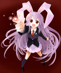 Rule 34 | &gt;:d, 1girl, :d, animal ears, blazer, female focus, from above, jacket, long hair, necktie, open mouth, pointing, pointing at viewer, purple hair, rabbit ears, red eyes, red necktie, reisen udongein inaba, smile, solo, touhou, v-shaped eyebrows, wara, wara (warapro)