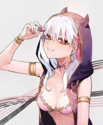 Rule 34 | 1girl, armlet, bare shoulders, bebe (bebe pp), bikini, bracelet, breasts, candy, chocolate heaven (fate/grand order), cleavage, cloak, collarbone, earrings, fate/grand order, fate (series), food, grey background, grin, hair ribbon, hand up, heart, highres, hood, hood up, hooded cloak, horned hood, horns, jewelry, kama (chocolate heaven) (fate), kama (fate), large breasts, long hair, looking at viewer, nail polish, necklace, orange eyes, pink bikini, pink nails, pink ribbon, ribbon, silver hair, simple background, smile, solo, swimsuit