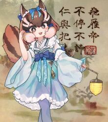 Rule 34 | 1girl, animal ears, brown eyes, brown hair, chinese text, chipmunk ears, chipmunk girl, chipmunk tail, dress, extra ears, highres, kemono friends, kemono friends v project, lantern, looking at viewer, open mouth, pantyhose, paper lantern, ribbon, short hair, siberian chipmunk (kemono friends), solo, tail, toki reatle, virtual youtuber