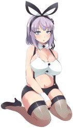 Rule 34 | 10s, 1girl, animal ears, bad id, bad twitter id, blue eyes, blush, bow, bowtie, breasts, buttons, cleavage, dagashi kashi, fishnet thighhighs, fishnets, flower, full body, hair flower, hair ornament, hairband, inactive account, large breasts, lillithlauda, looking at viewer, navel, open mouth, purple hair, rabbit ears, rabbit girl, shidare hotaru, short hair, sitting, solo, suspenders, thighhighs, transparent background, wariza, wrist cuffs