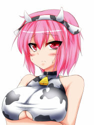 Rule 34 | 1girl, 3:, animal costume, animal print, bell, neck bell, blush, breast lift, breasts, clothing cutout, collar, cow costume, cow horns, cow print, female focus, horns, komeiji satori, large breasts, looking at viewer, parmiria, pink eyes, pink hair, short hair, solo, touhou, tsurime, underboob cutout, upper body