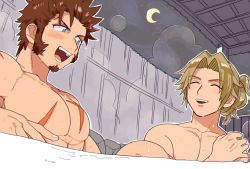 Rule 34 | 2boys, abs, bathing, beard, blue eyes, blush, brown hair, chiron (fate), closed eyes, facial hair, fate/grand order, fate (series), long hair, long sideburns, male focus, multiple boys, muscular, napoleon bonaparte (fate), onsen, open mouth, pectorals, scar, shitappa, sideburns, simple background, smile