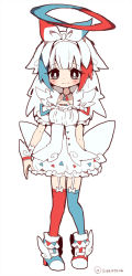 Rule 34 | 1girl, arm at side, arm behind back, artist name, asymmetrical legwear, back bow, black eyes, blue hair, blue thighhighs, blush, bow, bright pupils, closed mouth, creatures (company), dress, female focus, flat chest, frilled dress, frilled sleeves, frills, full body, game freak, garter straps, gen 4 pokemon, hairband, halo, happy, jewelry, long hair, looking at viewer, mismatched legwear, multicolored footwear, multicolored hair, necklace, nintendo, personification, pokemon, puffy short sleeves, puffy sleeves, red hair, red thighhighs, shira (sirairo116), shoes, short dress, short sleeves, signature, simple background, smile, solo, standing, straight-on, thighhighs, togekiss, twitter username, white background, white bow, white dress, white hair, white hairband, white pupils, winged footwear, wrist cuffs
