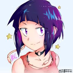 Rule 34 | 1girl, audio jack, black choker, black eyes, blunt bangs, boku no hero academia, choker, haysey, highres, jirou kyouka, looking at viewer, purple hair, red tank top, shirt, short hair, sidelocks, simple background, smile, solo, star (symbol), tank top, torn clothes, torn shirt