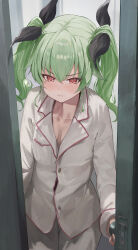 Rule 34 | 1girl, absurdres, anchovy (girls und panzer), black ribbon, blush, breast pocket, breasts, buttons, cleavage, commentary request, door, door handle, doorknob, doorway, drill hair, frown, girls und panzer, green hair, hair ribbon, highres, indoors, long hair, long sleeves, looking at viewer, mamaa (maeni6379), open door, opening door, pocket, pov doorway, red eyes, red trim, ribbon, shirt, small breasts, solo, standing, twin drills, twintails, white shirt
