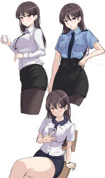 Rule 34 | 1girl, absurdres, arm at side, arm support, bang dream!, bang dream! it&#039;s mygo!!!!!, black hair, black pantyhose, black skirt, blue necktie, blue shirt, blush, bracelet, breast pocket, breasts, cellphone, chair, closed mouth, collared shirt, commentary request, cowboy shot, cropped legs, crossed legs, cup, hair behind ear, hair between eyes, hand on own hip, hand up, hands up, high-waist skirt, highres, holding, holding cup, holding phone, id card, jewelry, lanyard, long hair, long sleeves, looking at viewer, medium breasts, miniskirt, mole, mole under eye, multiple views, necktie, office lady, on chair, pantyhose, parted lips, pencil skirt, phone, pocket, police, police uniform, policewoman, ptal, purple eyes, shiina taki, shirt, shirt tucked in, short necktie, short sleeves, simple background, sitting, skirt, smartphone, standing, uniform, very long hair, white background, white shirt