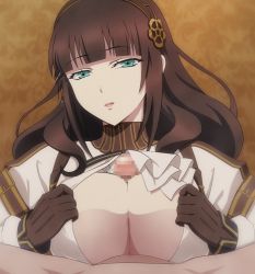 Rule 34 | 1boy, 1girl, animated, animated gif, aqua eyes, between breasts, blunt bangs, breasts, brown hair, cardia beckford, censored, cleavage, code:realize, expressionless, gear hair ornament, gloves, hair ornament, hetero, large breasts, long hair, long sleeves, looking at viewer, mosaic censoring, mushiro (nijie728995), paizuri, paizuri under clothes, parted lips, penis, pov, solo focus, tattoo