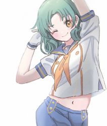 Rule 34 | 1girl, arms up, blush, crop top, dress, gloves, green hair, highres, idolmaster, idolmaster million live!, looking at viewer, midriff, pppp9199, sailor collar, sailor dress, simple background, solo, tokugawa matsuri, white background, white gloves