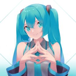 Rule 34 | 1girl, bare shoulders, black sleeves, blue background, blue eyes, blue hair, blue necktie, breasts, closed mouth, collared shirt, detached sleeves, eyebrows hidden by hair, fhang, gradient background, grey shirt, hair between eyes, hands up, hatsune miku, long hair, long sleeves, looking at viewer, necktie, shirt, sleeveless, sleeveless shirt, small breasts, smile, solo, steepled fingers, twintails, upper body, vocaloid, white background, wide sleeves