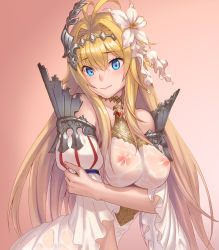 Rule 34 | 1girl, ahoge, armor, bare shoulders, blonde hair, blue eyes, breasts, detached sleeves, dress, flower, gradient background, granblue fantasy, gwtm2288, hair between eyes, hair flower, hair intakes, hair ornament, hand on own arm, highres, jeanne d&#039;arc (granblue fantasy), nipples, pink background, see-through, solo, wet, wet clothes, white dress