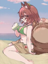 1girl animal_ear_fluff animal_ears beach bikini bikini_under_shorts blue_sky breasts brown_hair cloud commentary_request cup drinking drinking_straw from_side futatsuiwa_mamizou glasses highres holding holding_cup large_breasts leaf leaf_on_head looking_at_viewer navel on_ground pince-nez raccoon_ears raccoon_girl raccoon_tail sand short_hair shorts sitting sky smile solo swimsuit tail tanuki touhou unzipped wariza water yoshiyuki_(14330975)