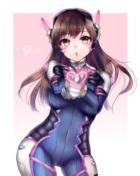 Rule 34 | 1girl, armor, bodysuit, boots, bracer, breasts, brown eyes, brown hair, character name, contrapposto, covered navel, cowboy shot, d.va (overwatch), eyebrows, facepaint, facial mark, finger gun, gloves, hands up, headphones, heart, highres, kevn, large breasts, lips, lipstick, long hair, long sleeves, makeup, open mouth, overwatch, overwatch 1, pauldrons, pilot suit, pink eyes, pink lips, pointing, pointing at viewer, ribbed bodysuit, shiny clothes, shoulder armor, shoulder pads, skin tight, solo, standing, star-shaped pupils, star (symbol), symbol-shaped pupils, thigh boots, thigh strap, thighhighs, turtleneck, whisker markings, white footwear, white gloves
