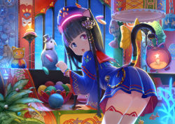 Rule 34 | 1girl, :o, animal ears, arm support, beret, bird, black hat, blue eyes, blue hat, blue shirt, blue skirt, blue sky, blunt bangs, bow, bracelet, candlelight, cat ears, cat girl, cat tail, cat teaser, cattail, cloud, commentary request, crown hair ornament, fang, fish, hair ornament, hat, heterochromia, indoors, jewelry, kagami mochi, lantern, leaning forward, liclac, long hair, long sleeves, looking back, night, night sky, open mouth, original, plant, pleated skirt, prehensile tail, purple eyes, school uniform, serafuku, shirt, skirt, sky, solo, star (sky), star (symbol), starry sky, tail, tail bow, tail ornament, thighhighs, top hat, very long hair, white thighhighs, wide sleeves, yarn, yarn ball, yellow bow