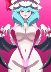 Rule 34 | 1girl, alternate breast size, alternate costume, alternate hairstyle, areola slip, bat wings, blue hair, breasts, collar, fangs, fingernails, hat, hat ribbon, highres, ika daishougun, large breasts, long fingernails, long hair, mob cap, nail polish, navel, aged up, pink background, pink eyes, pink one-piece swimsuit, red nails, remilia scarlet, revision, ribbon, slingshot swimsuit, slit pupils, swimsuit, touhou, wing ornament, wings