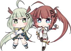 Rule 34 | 2girls, :&gt;, :&lt;, ahoge, an shan (azur lane), azur lane, bailingxiao jiu, blue eyes, blush, boots, braid, brown footwear, brown hair, cape, chibi, closed mouth, commentary request, cross-laced footwear, detached sleeves, dress, epaulettes, fu shun (azur lane), green eyes, green hair, hair ornament, heart, heart-shaped pupils, horns, lace-up boots, long hair, long sleeves, looking at viewer, multiple girls, outstretched arms, parted lips, shoes, short dress, sidelocks, simple background, standing, standing on one leg, symbol-shaped pupils, thighhighs, triangle mouth, twintails, very long hair, white background, white cape, white dress, white footwear, white legwear