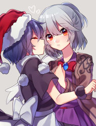 Rule 34 | &gt;3&lt;, 2girls, blue hair, doremy sweet, from side, grey background, hat, heart, hug, imminent kiss, jacket, kishin sagume, kiss, looking at viewer, multiple girls, nightcap, one-hour drawing challenge, orange eyes, pom pom (clothes), renka (sutegoma25), short hair, silver hair, simple background, touhou, wings, yuri