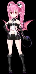 Rule 34 | &gt;:), 1girl, antenna hair, bare shoulders, belt, belt buckle, black belt, black footwear, black gloves, black skirt, boots, breasts, buckle, closed mouth, clothing cutout, cubi (master of eternity), demon girl, demon tail, demon wings, dot nose, drill hair, elbow gloves, fang, full body, gloves, hair between eyes, hand on own hip, highres, knee boots, leg belt, long hair, looking at viewer, master of eternity, miniskirt, navel, navel cutout, official art, petite, pink bracelet, pink hair, pointy ears, purple tail, purple wings, red eyes, side slit, sidelocks, skirt, skull, slit pupils, small breasts, smile, tachi-e, tail, third-party source, transparent background, twin drills, v-shaped eyebrows, wings