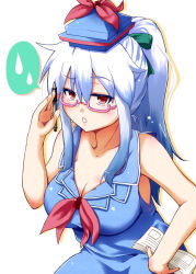 Rule 34 | 1girl, alternate hairstyle, bad id, bad pixiv id, bespectacled, blush, book, breasts, cleavage, glasses, hair ribbon, hat, kamishirasawa keine, large breasts, long hair, looking at viewer, mizukiri, ponytail, red eyes, ribbon, silver hair, simple background, sleeveless, solo, touhou, white background
