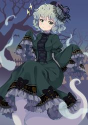 Rule 34 | 1girl, adapted costume, bare tree, bat (animal), black headwear, closed mouth, dress, fence, frilled dress, frills, ghost tail, gradient sky, green dress, green eyes, green hair, highres, iris anemone, lightning bolt symbol, long sleeves, looking at viewer, outdoors, short hair, sky, soga no tojiko, solo, tombstone, touhou, tree, veil