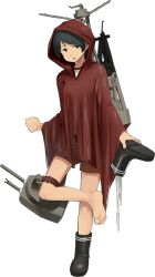 Rule 34 | 10s, 1girl, androgynous, barefoot, belt, black footwear, black hair, blue eyes, blue hair, unworn boot, boots, unworn boots, broken, brown shorts, feet, unworn footwear, full body, hood, kantai collection, looking at viewer, machinery, matching hair/eyes, mogami (kancolle), official art, open mouth, raincoat, red hood, rubber boots, shibafu (glock23), shoes, short hair, shorts, single boot, single shoe, solo, standing, standing on one leg, swept bangs, torn clothes, transparent background, turret, water, wet, white background