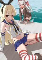 Rule 34 | 2girls, absurdres, amatsukaze (kancolle), black neckerchief, black panties, blonde hair, blue skirt, body writing, brown dress, brown eyes, dress, elbow gloves, garter straps, gloves, grey neckerchief, hair tubes, hairband, hat, highleg, highleg panties, highres, jetty, kantai collection, lifebuoy, long hair, microskirt, mini hat, multiple girls, navel, neckerchief, ocean, open mouth, panties, pleated skirt, red thighhighs, sailor dress, shimakaze (kancolle), short dress, single glove, sitting, skirt, smokestack hair ornament, striped clothes, striped thighhighs, sun fle, swim ring, tally, thighhighs, thong, two side up, underwear, white gloves