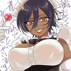Rule 34 | 0m eat, 1girl, alibaba (rosen garten saga), alternate costume, apron, bare shoulders, black bow, black bowtie, bow, bowtie, breasts, candy, cleavage, clenched teeth, covered erect nipples, dark-skinned female, dark skin, detached collar, elbow gloves, enmaided, eyeliner, food, genderswap, genderswap (mtf), gloves, hair between eyes, holding, holding candy, holding food, holding lollipop, large breasts, lipstick, lollipop, long eyelashes, looking at viewer, maid, maid apron, maid headdress, makeup, purple hair, red eyeliner, rosen garten saga, short hair, smile, solo, teeth, twitter username, upper body, white background, white gloves, yellow eyes
