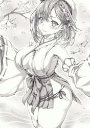 Rule 34 | 1girl, atelier (series), atelier ryza, atelier ryza 2, bare shoulders, beret, braid, branch, breasts, cleavage, closed mouth, commentary request, falling petals, graphite (medium), greyscale, hakama, hakama short skirt, hakama skirt, hands up, hat, japanese clothes, kimono, large breasts, looking at viewer, mikuro, monochrome, petals, reisalin stout, ribbon-trimmed sleeves, ribbon trim, short hair, short kimono, side-tie skirt, side slit, sideboob, simple background, skirt, sleeveless, sleeveless kimono, smile, solo, thighhighs, traditional media, wide sleeves