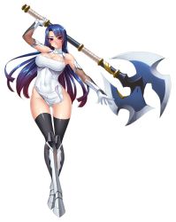 Rule 34 | 00s, 1girl, angry, axe, bare shoulders, battle axe, black thighhighs, blue hair, bodysuit, boots, breasts, cleavage, covered navel, dress, elbow gloves, female focus, full body, gloves, highres, holding, holding weapon, huge weapon, kagami hirotaka, large breasts, lilith-soft, long hair, looking at viewer, no bra, panties, pelvic curtain, pink eyes, ponytail, red eyes, shiny skin, short dress, simple background, solo, standing, taimanin (series), taimanin asagi, taimanin asagi kessen arena, taimanin asagi zero, taimanin murasaki, thighhighs, underwear, weapon, yatsu murasaki