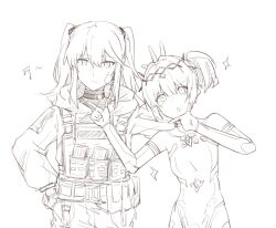 Rule 34 | 2girls, ammunition pouch, bandaid, bandaid on cheek, bandaid on face, beizhi, belt pouch, bodysuit, commandant (punishing: gray raven), hair between eyes, long hair, long sleeves, monochrome, multiple girls, nanami: starfarer (punishing: gray raven), nanami (punishing: gray raven), pouch, punishing: gray raven, side ponytail, sidelocks, spacesuit, tiara, twintails, two side up, v