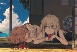 Rule 34 | 10s, 2girls, blonde hair, blue eyes, calendar (object), cloud, commentary request, day, electric fan, closed eyes, food, fruit, hair ornament, i-58 (kancolle), kantai collection, kashii (amoranorem), long hair, looking at another, looking at viewer, lying, multiple girls, ocean, on side, on stomach, pink hair, plate, shirt, short hair, sleeping, sleeveless, sleeveless shirt, summer, tatami, u-511 (kancolle), watermelon, wavy mouth