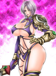 Rule 34 | 1041 (toshikazu), 1girl, blue eyes, breasts, cleavage, hand on own hip, huge breasts, isabella valentine, looking at viewer, navel, purple hair, solo, soul calibur, soulcalibur iv, standing, sword, weapon