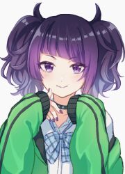 Rule 34 | 1girl, absurdres, black choker, blunt bangs, blush, bow, checkered bow, checkered clothes, choker, collarbone, commentary request, diagonal bangs, dot nose, green jacket, highres, idolmaster, idolmaster shiny colors, jacket, looking at viewer, nail polish, purple eyes, purple hair, purple nails, school uniform, shirako (srk srtk), shirt, short twintails, simple background, smile, solo, spiked choker, spikes, studded choker, tanaka mamimi, twintails