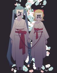 Rule 34 | 2girls, aqua hair, barefoot, black background, blonde hair, chibi, covered face, floral background, hair ornament, hatsune miku, holding hands, japanese clothes, kagamine rin, kimono, multiple girls, ribbon, short hair, side-by-side, twintails, vocaloid, white kimono, yoshiki
