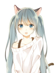 Rule 34 | 1girl, :o, animal ears, aqua eyes, cat ears, cat tail, green hair, hatsune miku, long hair, off shoulder, open mouth, otototo, simple background, solo, tail, twintails, vocaloid, white background
