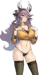 Rule 34 | 1girl, absurdres, animal ears, antlers, arknights, black hairband, black panties, breasts, coldshot (arknights), collarbone, commentary, deer antlers, deer ears, deer girl, false smile, green eyes, hair over one eye, hairband, highleg, highleg panties, highres, horns, large breasts, looking at viewer, mole, mole under mouth, navel, panties, pink nails, purple hair, shirt, simple background, skindentation, smile, solo, thighhighs, thighs, tierla, underwear, white background, yellow shirt, zipper pull tab