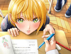 Rule 34 | 1girl, blonde hair, commentary request, confession, eraser, eyelashes, green eyes, idolmaster, idolmaster cinderella girls, idolmaster cinderella girls starlight stage, looking at viewer, mechanical pencil, miyamoto frederica, oyanaku, pencil, pov, short hair, solo focus, translation request, ueki-chan