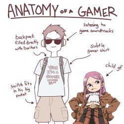 Rule 34 | 1boy, 1girl, anatomy of a gamer (meme), child, child gf (orenji), english text, facing viewer, gamer (orenji), highres, jewelry bonney, meme, one piece, pink hair, simple background, spoilers, standing, third-party edit, white background