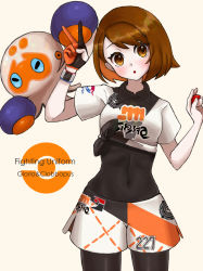 Rule 34 | 1girl, bea (pokemon), bea (pokemon) (cosplay), black bodysuit, bodysuit, bodysuit under clothes, brown eyes, brown hair, character name, clobbopus, collared shirt, commentary request, cosplay, covered navel, creatures (company), dynamax band, game freak, gen 8 pokemon, gloria (pokemon), gloves, holding, holding poke ball, looking at viewer, nintendo, partially fingerless gloves, poke ball, poke ball (basic), pokemon, pokemon swsh, print shirt, print shorts, setta shu, shirt, short hair, short sleeves, shorts, single glove, tied shirt, v