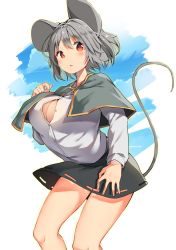 Rule 34 | 1girl, absurdres, animal ears, artist request, black skirt, blouse, blush, bob cut, breasts, bursting breasts, cleavage, grey hair, highres, large breasts, long sleeves, looking at viewer, mamemochi, mouse ears, mouse tail, nazrin, open mouth, red eyes, shawl, shirt, short hair, skirt, tail, touhou, white shirt