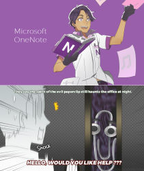 Rule 34 | 2boys, bishounen, black gloves, book, cioccolatodorima, clippy, commentary, dark-skinned male, dark skin, english commentary, english text, ghost, gloves, holding, holding book, male focus, microsoft, microsoft onenote, multiple boys, musical note, paperclip, personification, pink eyes, purple background, scared, teeth, turn pale, upper teeth only