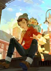 Rule 34 | 1boy, ^^^, a-shacho, beanie, brown eyes, brown hair, city, clock, clock tower, cloud, creatures (company), eating, from below, game freak, gen 8 pokemon, grookey, hat, highres, lamppost, looking down, male focus, nintendo, open mouth, pants, pants rolled up, pokemon, pokemon (creature), pokemon swsh, scorbunny, shoes, short hair, sitting, sky, sobble, starter pokemon trio, torn clothes, torn legwear, torn pants, tower, victor (pokemon)