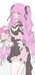 Rule 34 | 1girl, absurdres, black ribbon, bouquet, earrings, flower, freng, garter straps, highres, holding, holding bouquet, hololive, jewelry, long hair, looking at viewer, open mouth, pink hair, red eyes, ribbon, skull earrings, smile, solo, thighhighs, twintails, uruha rushia, uruha rushia (3rd costume), very long hair, virtual youtuber, white thighhighs