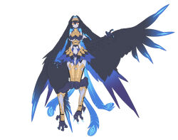 Rule 34 | 1girl, absurdres, animal feet, animal hands, armor, bad source, bird legs, bird tail, bird wings, black hair, black wings, blue hair, blue skin, breasts, bright pupils, claws, closed mouth, colored inner hair, colored skin, cuisses, digitigrade, drooling, feather hair, feathered wings, fewer digits, full body, gorget, greaves, hair between eyes, hair intakes, hand up, harpy, headpiece, highres, inu fuji, large breasts, long hair, looking at viewer, monster girl, multicolored hair, original, simple background, solo, tail, talons, toeless legwear, very long hair, white background, white pupils, winged arms, wings, yellow eyes