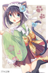 Rule 34 | 1girl, :d, animal ears, ass, black hair, black thighhighs, blue bow, blush, bow, brown footwear, brown skirt, cat ears, cat girl, cat tail, commentary request, geta, green eyes, green kimono, hair between eyes, japanese clothes, kimono, kuriyuzu kuryuu, long sleeves, looking at viewer, looking to the side, maid, maid headdress, open mouth, original, panties, pleated skirt, short hair, short kimono, skirt, smile, solo, tail, tail bow, tail ornament, tail raised, thighhighs, underwear, wa maid, white panties, wide sleeves