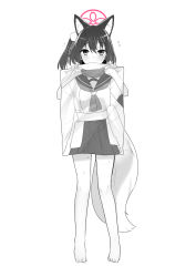 Rule 34 | 1girl, animal ear fluff, animal ears, ariyoshi gen, barefoot, bed sheet, blue archive, blush, covering privates, flying sweatdrops, fox ears, fox girl, fox tail, full body, greyscale, halo, hands up, highres, holding, holding sheet, izuna (blue archive), looking at viewer, monochrome, nude cover, short hair, side ponytail, solo, spot color, sweatdrop, tail