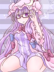 Rule 34 | 1girl, :3, adjusting eyewear, bespectacled, crescent, crescent hair ornament, double bun, dress, glasses, hair bun, hair ornament, hair ribbon, hat, highres, light purple hair, long hair, looking at viewer, mob cap, open clothes, open robe, patchouli knowledge, purple-framed eyewear, purple eyes, ribbon, robe, semi-rimless eyewear, shadow, sidelocks, sitting, solo, striped background, striped clothes, striped dress, takanoru, touhou, tress ribbon, under-rim eyewear, very long hair, wariza