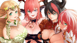 Rule 34 | 4girls, absurdres, armor, asymmetrical docking, belt, black hair, blonde hair, blue eyes, breast press, breasts, chaos (dungeon and fighter), choker, cleavage, cleavage cutout, clenched teeth, closed mouth, clothing cutout, dew (knpn5338), dragon knight (dungeon and fighter), dungeon and fighter, elven knight (dungeon and fighter), flower, green eyes, heterochromia, highres, horns, huge filesize, knight (dungeon and fighter), large breasts, looking at viewer, multicolored hair, multiple girls, open mouth, paladin (dungeon and fighter), pink hair, pointy ears, shoulder armor, slit pupils, teeth, tiara, tongue, tongue out, underboob, white hair