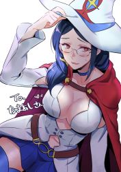 Rule 34 | 1girl, belt, blue choker, blue hair, blue skirt, blue thighhighs, blush, breasts, brown belt, cape, choker, cleavage, glasses, hand on headwear, hand up, hat, large breasts, little witch academia, long hair, looking at viewer, navel, negom, red cape, red eyes, shiny chariot, simple background, skirt, smile, solo, spoilers, thighhighs, ursula callistis, white background, witch hat