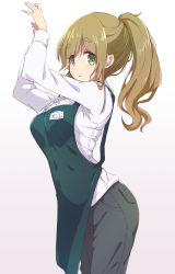 Rule 34 | 1girl, :o, apron, black pants, breasts, brown hair, button gap, eyes visible through hair, gradient background, green apron, green eyes, hands up, highres, inuyama aoi, long hair, long sleeves, looking at viewer, medium breasts, mel (melty pot), pants, pink background, shirt, solo, thick eyebrows, translated, white background, white shirt, yurucamp